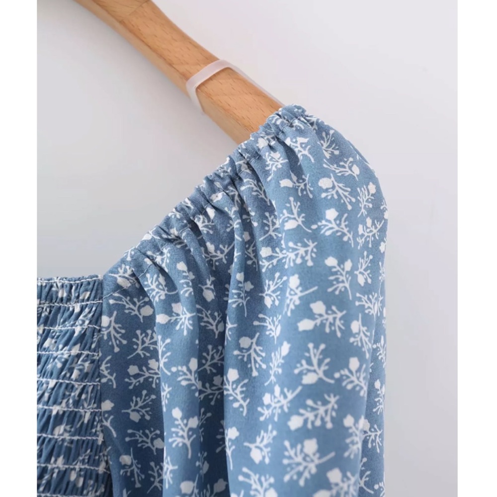 CLEARANCE Light Blue Floral Smocked Square Neck Mini Dress - Picture 5 of 10